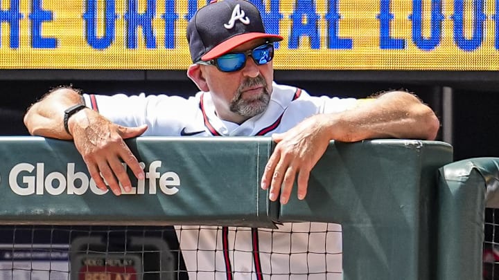 Apr 1, 2026; Cumberland, Georgia, USA; Atlanta Braves manager Walt Weiss (22) shown in the dugout during the game against the Athletics during the seventh inning at Truist Park.