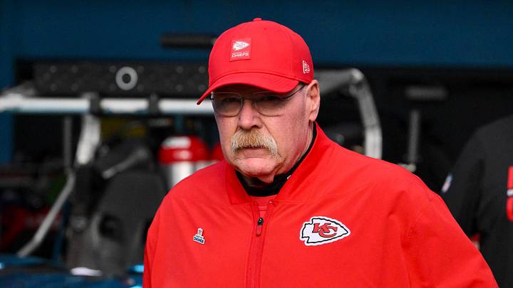 Dec 21, 2025; Nashville, Tennessee, USA;  Kansas City Chiefs head coach Andy Reid walks to the field against the Tennessee Titans during pre-game warmups at Nissan Stadium. Mandatory Credit: Steve Roberts-Imagn Images