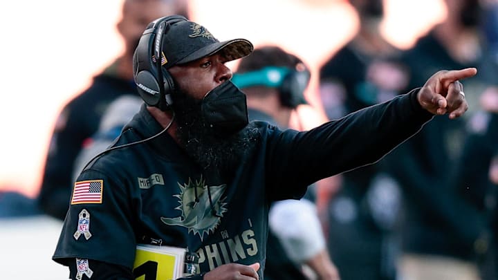 Nov 22, 2020; Denver, Colorado, USA; Miami Dolphins defensive back coach Gerald Alexander reacts in the first quarter against the Denver Broncos at Empower Field at Mile High. Mandatory Credit: Isaiah J. Downing-Imagn Images