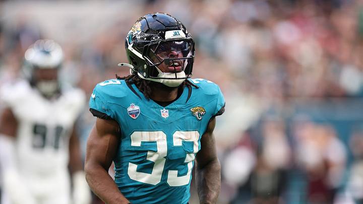 Oct 11, 2026; Tottenham, ENG; Jacksonville Jaguars running back Bhayshul Tuten (33) reacts during the second half against the Philadelphia Eagles at Tottenham Hotspur Stadium. Mandatory Credit: Nathan Ray Seebeck-Imagn Images Oct 11, 2026; Tottenham, ENG; Jacksonville Jaguars running back Bhayshul Tuten (33) reacts during the second half against the Philadelphia Eagles at Tottenham Hotspur Stadium. Mandatory Credit: Nathan Ray Seebeck-Imagn Images