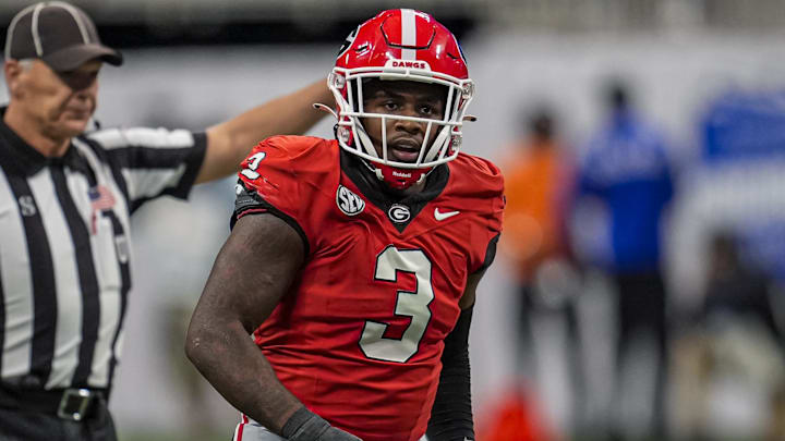 Nov 28, 2025; Atlanta, Georgia, USA; Georgia Bulldogs linebacker CJ Allen (3) on the field against the Georgia Tech Yellow Jackets during the first half at Mercedes-Benz Stadium. 