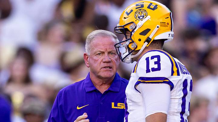 LSU Tigers quarterback Garrett Nussmeier talks to head coach Brian Kelly during warmups before a game against the South Alabama Jaguars at Tiger Stadium. LSU Tigers quarterback Garrett Nussmeier talks to head coach Brian Kelly during warmups before a game against the South Alabama Jaguars at Tiger Stadium.