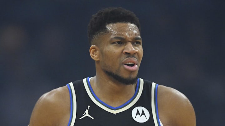 Milwaukee Bucks forward Giannis Antetokounmpo (34) reacts in the first quarter against the Cleveland Cavaliers at Rocket Arena on November 17, 2025.