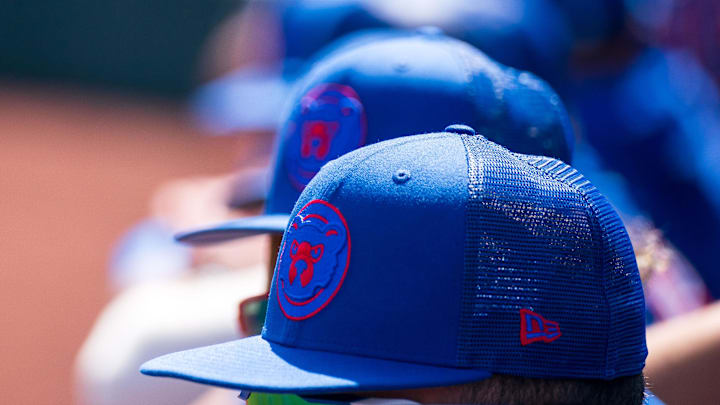 A general view hats belonging to Chicago Cubs players A general view hats belonging to Chicago Cubs players