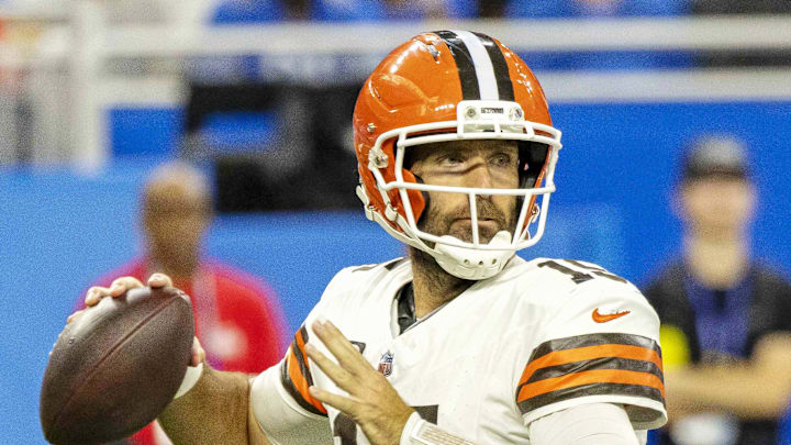 Cleveland Browns quarterback Joe Flacco makes a pass during the second half against the Detroit Lions.