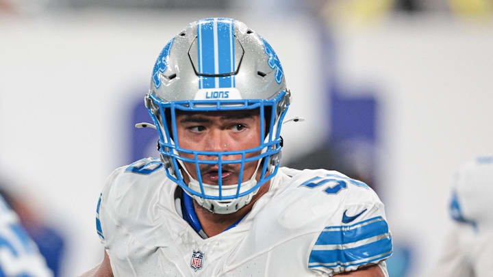 Detroit Lions offensive tackle Giovanni Manu (59) blocks during the second half against the New York Giants 