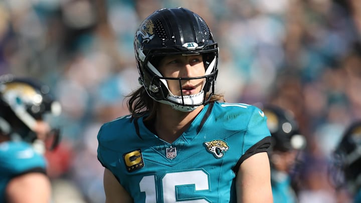 Jan 11, 2026; Jacksonville, FL, USA; Jacksonville Jaguars quarterback Trevor Lawrence (16) during the first half against the Buffalo Bills in an AFC Wild Card Round game at EverBank Stadium. 