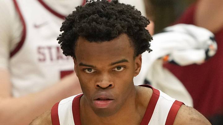 Dec 27, 2025; Stanford, California, USA; Stanford Cardinal guard Ebuka Okorie (1) reacts after making a three point basket against the CSUN Matadors during the second half at Maples Pavilion. Mandatory Credit: Darren Yamashita-Imagn Images Dec 27, 2025; Stanford, California, USA; Stanford Cardinal guard Ebuka Okorie (1) reacts after making a three point basket against the CSUN Matadors during the second half at Maples Pavilion. Mandatory Credit: Darren Yamashita-Imagn Images