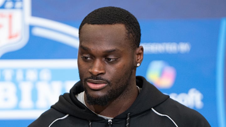 Notre Dame running back Jeremiyah Love (RB11) speaks to members of the media during the NFL Combine.
