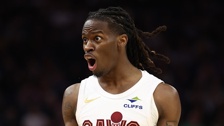 Apr 2, 2026; San Francisco, California, USA; Cleveland Cavaliers guard Keon Ellis (14) reacts towards referee JT Orr during the third quarter against the Golden State Warriors at Chase Center. Mandatory Credit: Kelley L Cox-Imagn Images