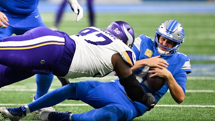 Nov 2, 2025; Detroit, Michigan, USA; Detroit Lions quarterback Jared Goff (16) is brought down by Minnesota Vikings defensive lineman Javon Hargrave (97) in the third quarter at Ford Field. Nov 2, 2025; Detroit, Michigan, USA; Detroit Lions quarterback Jared Goff (16) is brought down by Minnesota Vikings defensive lineman Javon Hargrave (97) in the third quarter at Ford Field.