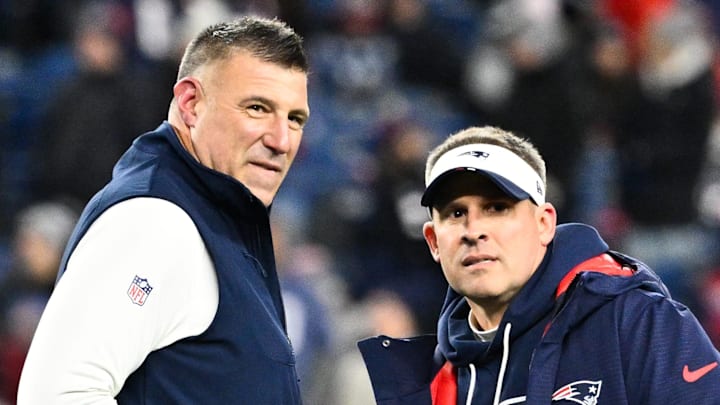 Jan 11, 2026; Foxborough, MA, USA; New England Patriots head coach Mike Vrabel and New England Patriots offensive coordinator Josh McDaniels look on before the game against the Los Angeles Chargers in an AFC Wild Card Round game at Gillette Stadium. Mandatory Credit: Eric Canha-Imagn Images