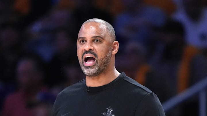 Houston Rockets head coach Ime Udoka watches in the first half against the Los Angeles Lakers during game one of the first round of the 2026 NBA Playoffs at Crypto.com Arena on Apr 18, 2026.