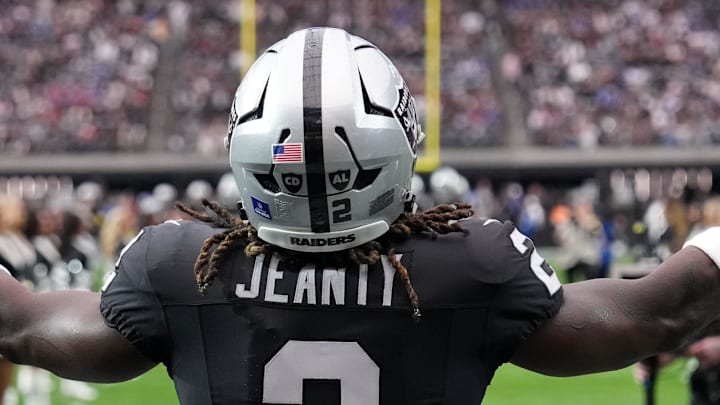Dec 28, 2025; Paradise, Nevada, USA; Las Vegas Raiders running back Ashton Jeanty (2) enters the field before the game against the New York Giants at Allegiant Stadium. Mandatory Credit: Kirby Lee-Imagn Images