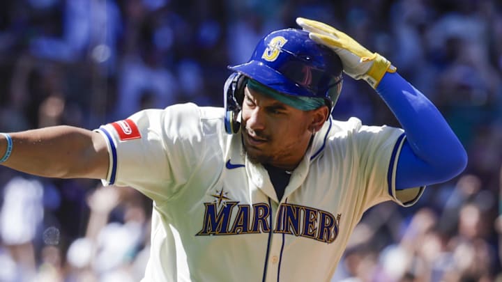 Seattle Mariners first baseman Josh Naylor points to the dugout after hitting a home run against the Tampa Bay Rays on Aug. 10 at T-Mobile Park. Seattle Mariners first baseman Josh Naylor points to the dugout after hitting a home run against the Tampa Bay Rays on Aug. 10 at T-Mobile Park.