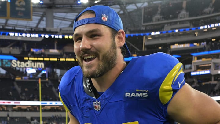 Jan 4, 2026; Inglewood, California, USA;  Los Angeles Rams tight end Colby Parkinson (84) leaves the field following a game against the Arizona Cardinals at SoFi Stadium. Mandatory Credit: Jayne Kamin-Oncea-Imagn Images