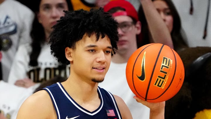 Mar 7, 2026; Boulder, Colorado, USA; Arizona Wildcats guard Brayden Burries (5) second half against the Colorado Buffaloes at the CU Events Center. Mandatory Credit: Ron Chenoy-Imagn Images