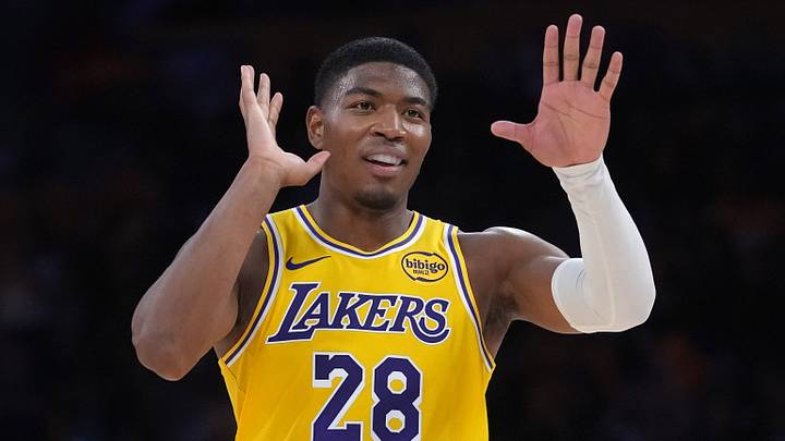 Apr 18, 2026; Los Angeles, California, USA; Los Angeles Lakers forward Rui Hachimura (28) celebrates against the Houston Rockets in the second half during game one of the first round of the 2026 NBA Playoffs at Crypto.com Arena. Mandatory Credit: Kirby Lee-Imagn Images Apr 18, 2026; Los Angeles, California, USA; Los Angeles Lakers forward Rui Hachimura (28) celebrates against the Houston Rockets in the second half during game one of the first round of the 2026 NBA Playoffs at Crypto.com Arena. Mandatory Credit: Kirby Lee-Imagn Images