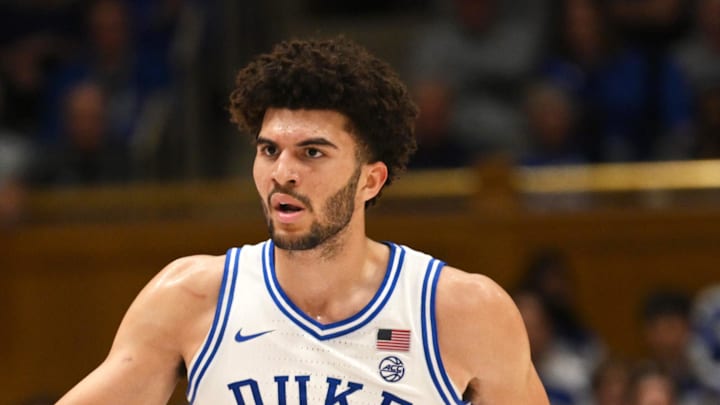 Feb 16, 2026; Durham, North Carolina, USA; Duke Blue Devils forward Cameron Boozer (12) celebrates with Duke Blue Devils center Patrick Ngongba II (21) during the during the second half against the Syracuse Orange at Cameron Indoor Stadium. Mandatory Credit: Zachary Taft-Imagn Images Feb 16, 2026; Durham, North Carolina, USA; Duke Blue Devils forward Cameron Boozer (12) celebrates with Duke Blue Devils center Patrick Ngongba II (21) during the during the second half against the Syracuse Orange at Cameron Indoor Stadium. Mandatory Credit: Zachary Taft-Imagn Images