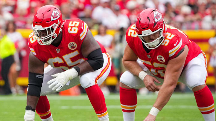 Sep 14, 2025; Kansas City, Missouri, USA; Kansas City Chiefs offensive tackle Jawaan Taylor (74) and guard Trey Smith (65) and center Creed Humphrey (52) at the line of scrimmage against the Philadelphia Eagles during the game at GEHA Field at Arrowhead Stadium. Mandatory Credit: Denny Medley-Imagn Images Sep 14, 2025; Kansas City, Missouri, USA; Kansas City Chiefs offensive tackle Jawaan Taylor (74) and guard Trey Smith (65) and center Creed Humphrey (52) at the line of scrimmage against the Philadelphia Eagles during the game at GEHA Field at Arrowhead Stadium. Mandatory Credit: Denny Medley-Imagn Images