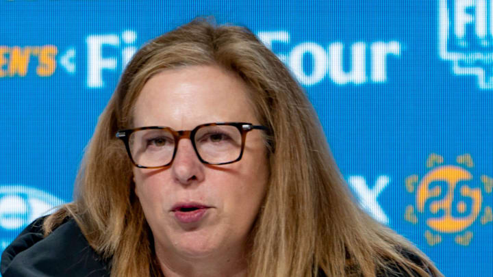 UCLA Bruins head coach Cori Close speaks to members of the media during the NCAA Women’s Final Four media day at Mortgage Matchup Center in Phoenix on April 2, 2026.