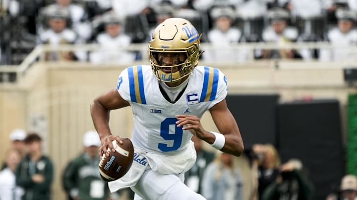 Oct 11, 2025; East Lansing, Michigan, USA; UCLA Bruins quarterback Nico Iamaleava (9) drops back to pass against Michigan State in the first quarter at Spartan Stadium. Mandatory Credit: Brendan Mullin-Imagn Images Oct 11, 2025; East Lansing, Michigan, USA; UCLA Bruins quarterback Nico Iamaleava (9) drops back to pass against Michigan State in the first quarter at Spartan Stadium. Mandatory Credit: Brendan Mullin-Imagn Images