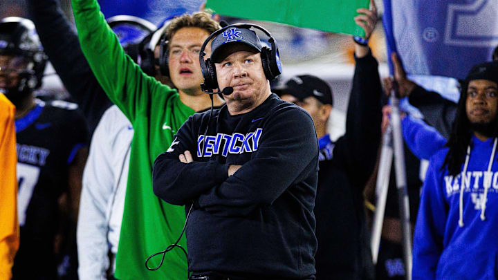 Oct 25, 2025; Lexington, Kentucky, USA; Kentucky Wildcats head coach Mark Stoops looks on during the third quarter against the Tennessee Volunteers at Kroger Field. Mandatory Credit: Jordan Prather-Imagn Images