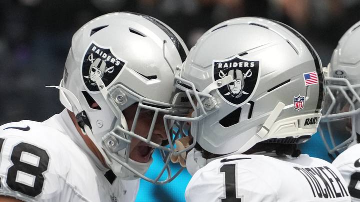 Sep 20, 2026; Inglewood, California, USA; Las Vegas Raiders wide receiver Jack Bech (18) and Las Vegas Raiders wide receiver Tre Tucker (1) celebrate after a play against the Los Angeles Chargers during the first half at SoFi Stadium. Mandatory Credit: Kirby Lee-Imagn Images Sep 20, 2026; Inglewood, California, USA; Las Vegas Raiders wide receiver Jack Bech (18) and Las Vegas Raiders wide receiver Tre Tucker (1) celebrate after a play against the Los Angeles Chargers during the first half at SoFi Stadium. Mandatory Credit: Kirby Lee-Imagn Images