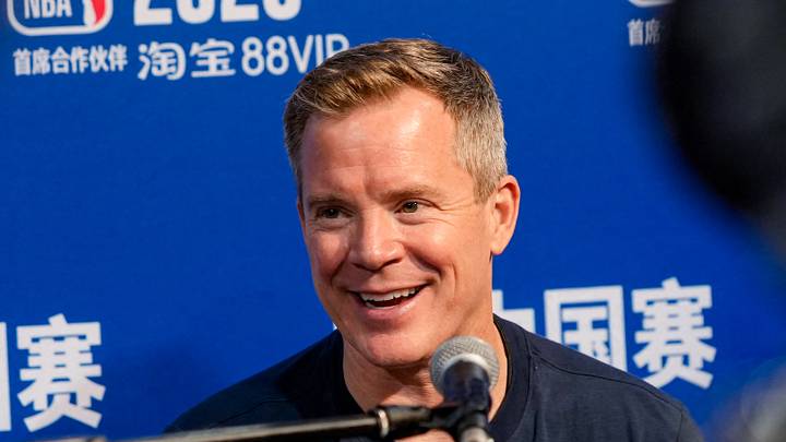 Oct 7, 2026; Macau, CHN; Dallas Mavericks head coach Dusty May talks to the media ahead of their games against the Houston Rockets at The Venetian Arena. Mandatory Credit: Vernon Bryant-Dallas Mavericks via Imagn Images