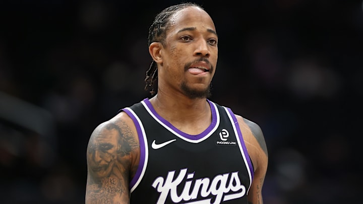 Feb 1, 2026; Washington, District of Columbia, USA; Sacramento Kings guard DeMar DeRozan (10) looks on during the first half against the Washington Wizards at Capital One Arena. Mandatory Credit: Daniel Kucin Jr.-Imagn Images