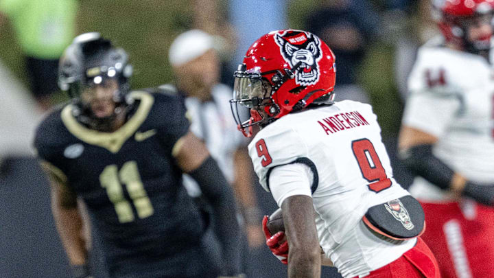 Sep 11, 2025; Winston-Salem, North Carolina, USA;  North Carolina State Wolfpack wide receiver Terrell Anderson (9) catches a pass in second half against the Wake Forest Demon Deacons at Allegacy Federal Credit Union Stadium. Mandatory Credit: Luke Jamroz-Imagn Images
