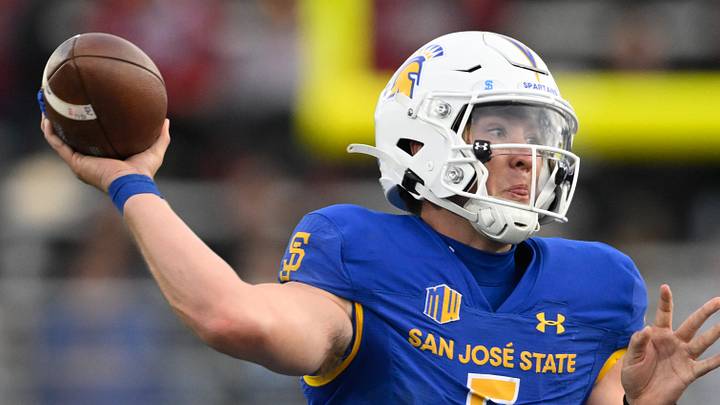 Nov 29, 2024; San Jose, California, USA; San Jose State Spartans quarterback Walker Eget (5) throws against the Stanford Cardinal in the fourth quarter at CEFCU Stadium. Mandatory Credit: Eakin Howard-Imagn Images Nov 29, 2024; San Jose, California, USA; San Jose State Spartans quarterback Walker Eget (5) throws against the Stanford Cardinal in the fourth quarter at CEFCU Stadium. Mandatory Credit: Eakin Howard-Imagn Images