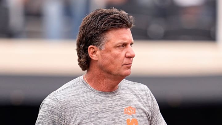 Oklahoma State head football coach Mike Gundy watches warm ups before the first half the college football game between the Oklahoma State Cowboys and the Arizona State Sun Devils at Boone Pickens Stadium in Stillwater, Okla., Saturday, Nov., 2, 2024.