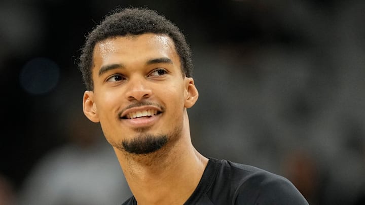 Oct 10, 2025; San Antonio, Texas, USA; San Antonio Spurs forward Victor Wembanyama (1) warms up before a game against the Utah Jazz at Frost Bank Center. Oct 10, 2025; San Antonio, Texas, USA; San Antonio Spurs forward Victor Wembanyama (1) warms up before a game against the Utah Jazz at Frost Bank Center.