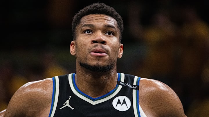Apr 29, 2025; Indianapolis, Indiana, USA; Milwaukee Bucks forward Giannis Antetokounmpo (34) during game five of the first round for the 2024 NBA Playoffs against the Indiana Pacers at Gainbridge Fieldhouse.