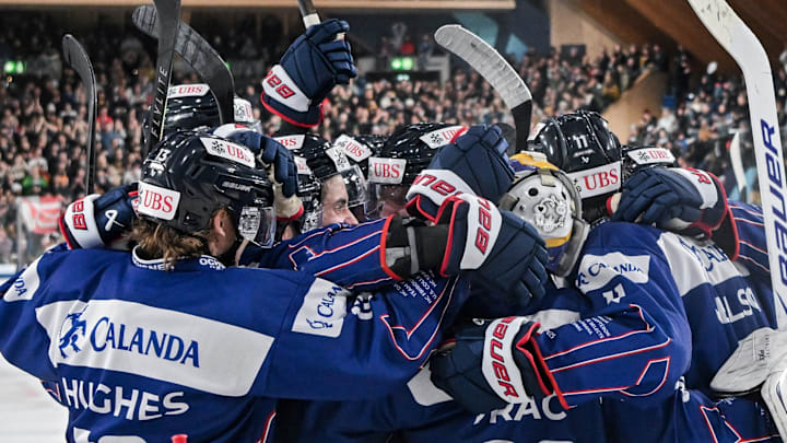 The U.S. Collegiate Selects celebrate their semifinal win over Sparta Prague to reach the championship of the 97th Spengler Cup. The U.S. Collegiate Selects celebrate their semifinal win over Sparta Prague to reach the championship of the 97th Spengler Cup.