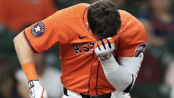 Houston Astros left fielder Chas McCormick (20) wipes his brow during his at-bat against the Kansas City Royals in the third inning at Daikin Park.