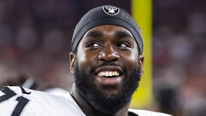Aug 23, 2025; Glendale, Arizona, USA; Las Vegas Raiders tackle DJ Glaze (71) against the Arizona Cardinals during a preseason NFL game at State Farm Stadium. Mandatory Credit: Mark J. Rebilas-Imagn Images