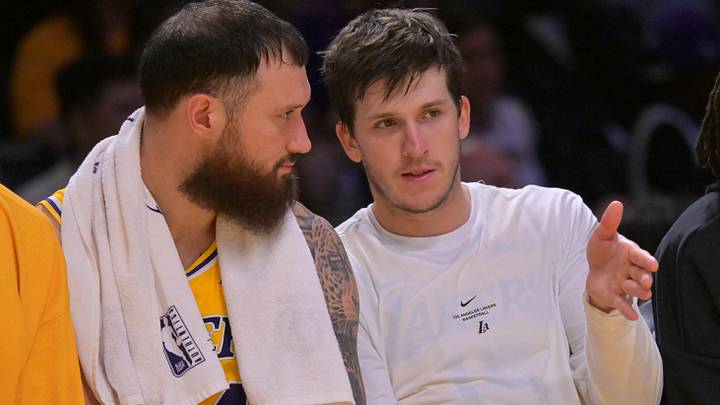 Oct 8, 2026; Los Angeles, California, USA; Los Angeles Lakers guard Austin Reaves (15) and Los Angeles Lakers forward Sandro Mamukelashvili (54) on the bench against the Sacramento Kings at Crypto.com Arena. Mandatory Credit: Jayne Kamin-Oncea-Imagn Images Oct 8, 2026; Los Angeles, California, USA; Los Angeles Lakers guard Austin Reaves (15) and Los Angeles Lakers forward Sandro Mamukelashvili (54) on the bench against the Sacramento Kings at Crypto.com Arena. Mandatory Credit: Jayne Kamin-Oncea-Imagn Images
