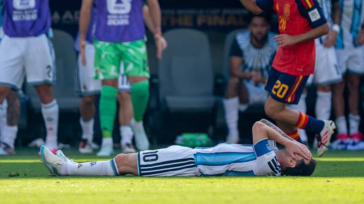 Argentina forward Lionel Messi (10) lies on the ground following a collision with a Spain player during the FIFA World Cup 2026 final Argentina forward Lionel Messi (10) lies on the ground following a collision with a Spain player during the FIFA World Cup 2026 final
