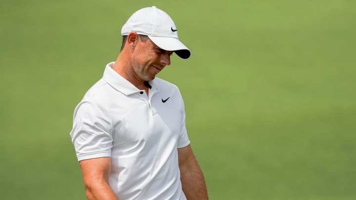 Apr 11, 2024; Augusta, Georgia, USA; Rory McIlroy reacts to a bogie putt on the no. 2 green during