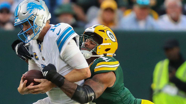 Green Bay Packers defensive end Micah Parsons (1) sacks Detroit Lions quarterback Jared Goff in Week 1.