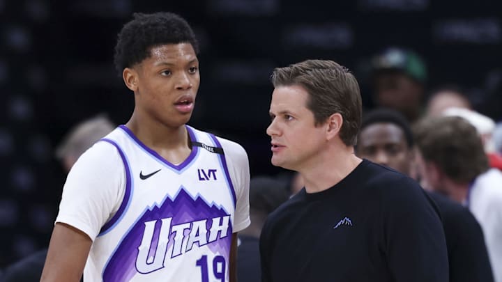 Mar 21, 2026; Salt Lake City, Utah, USA; Utah Jazz guard Ace Bailey (19) and head coach Will Hardy speak after the game against the Philadelphia 76ers at Delta Center. Mandatory Credit: Rob Gray-Imagn Images