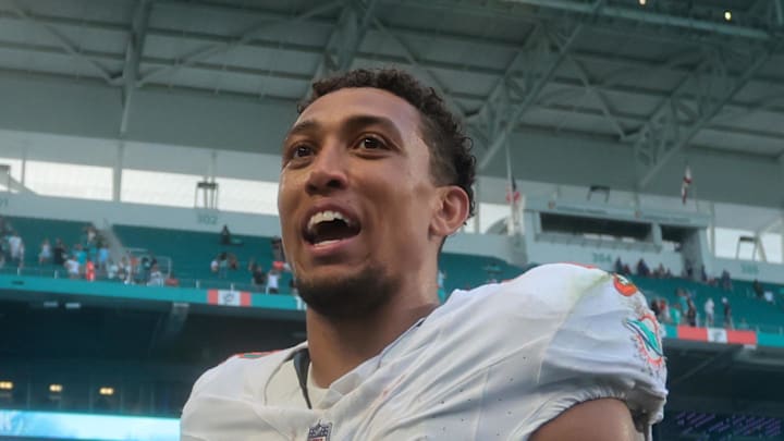 Former Miami Dolphins wide receiver Nick Westbrook-Ikhine celebrates