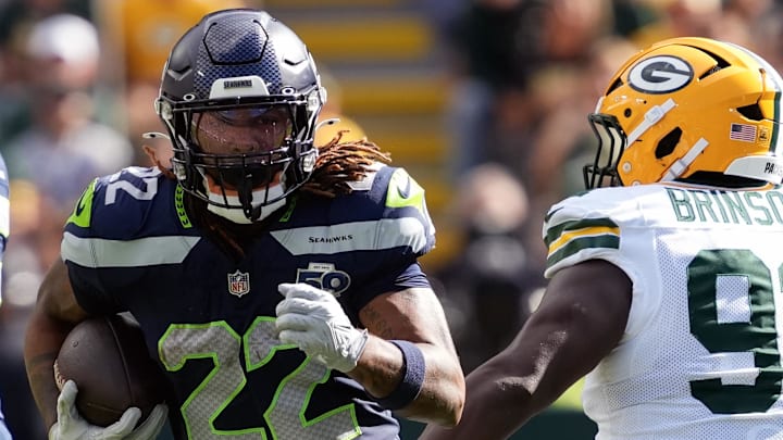 Seattle Seahawks running back Damien Martinez (22) rushes wth the football during the preseason game at the Packers.