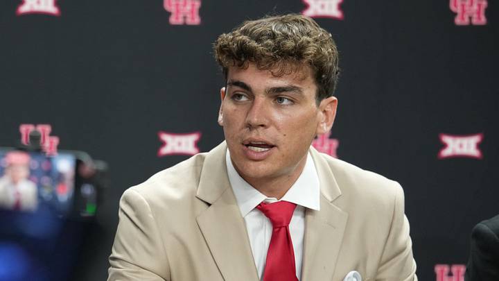Jul 7, 2026; Frisco, TX, USA; Houston quarterback Conner Weigman speaks with reporters during Big 12 Conference Football Media Days at The Star. Mandatory Credit: Raymond Carlin III-Imagn Images Jul 7, 2026; Frisco, TX, USA; Houston quarterback Conner Weigman speaks with reporters during Big 12 Conference Football Media Days at The Star. Mandatory Credit: Raymond Carlin III-Imagn Images