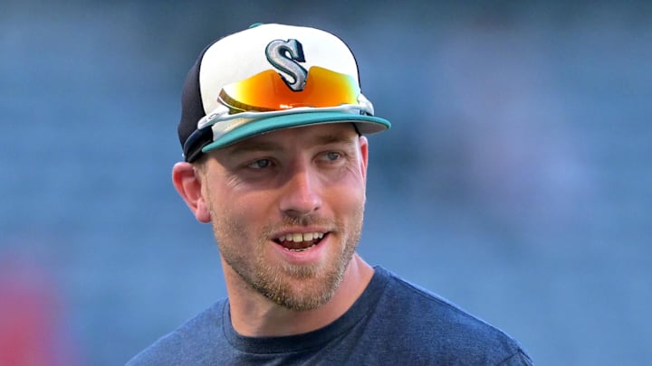 Seattle Mariners right fielder Luke Raley warms up before a game against the Los Angeles Angels on July 24 at Angel Stadium.