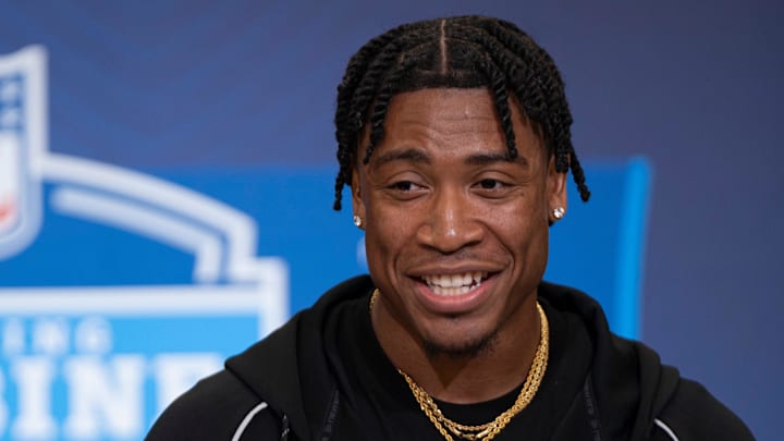 Feb 26, 2026; Indianapolis, IN, USA; South Carolina defensive back Jalon Kilgore (DB39) speaks to members of the media during the NFL Combine at the Indiana Convention Center. Mandatory Credit: Jacob Musselman-Imagn Images