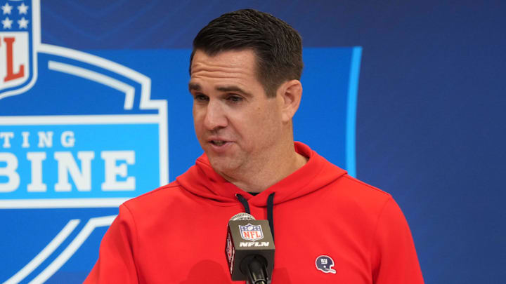Feb 25, 2025; Indianapolis, IN, USA; New York Giants general manager Joe Schoen sspeaks during the NFL Scouting Combine at the Indiana Convention Center. Mandatory Credit: Kirby Lee-Imagn Images