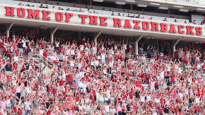 Arkansas Razorbacks fans cheer after a score against the Alabama A&M Bulldogs during the third quarter at Donald W. Reynolds Razorback Stadium. 